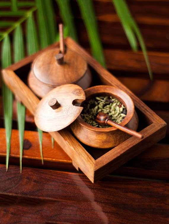 indikala decorative sheesham wooden fancy jar set with ethnic tray with two bowls & spoons for serving, home, kitchen