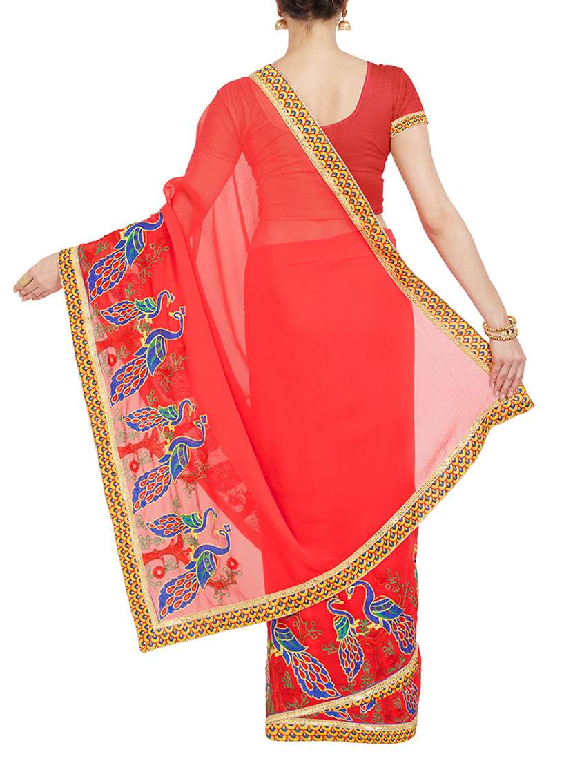 red chiffon embroidered saree with blouse - 14853606 -  Standard Image - 1