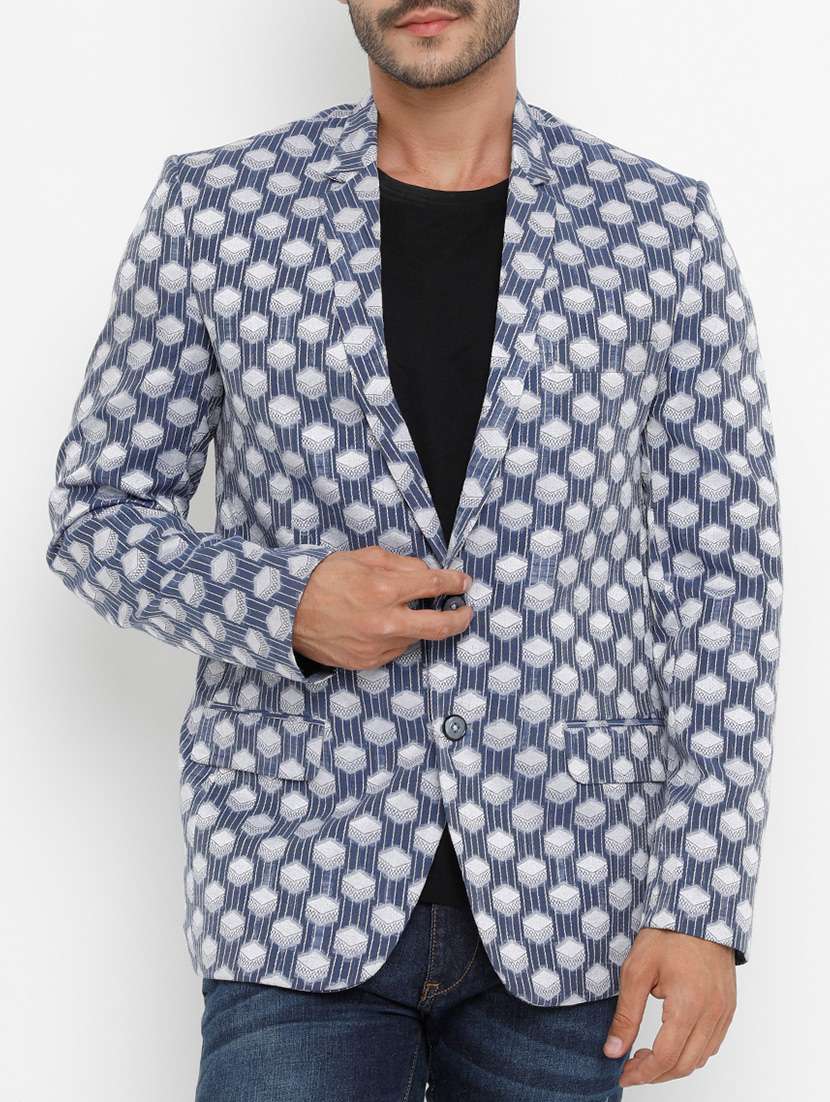 blue cotton single breasted casual blazer