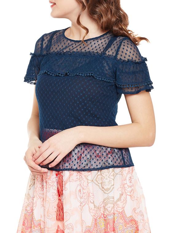 dotted mesh ruffle detail top - 14868024 - Standard Image - 1