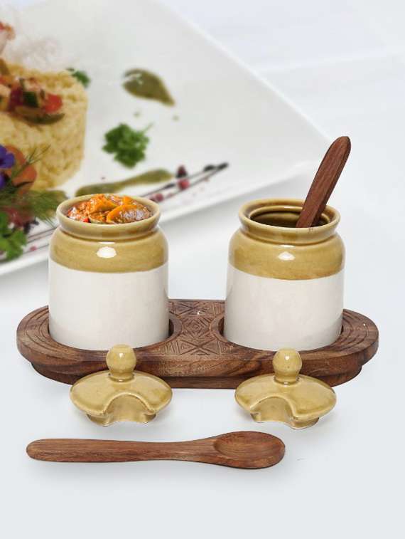 ceramic pickle jar & spoon set with wooden base stand(set of 2)