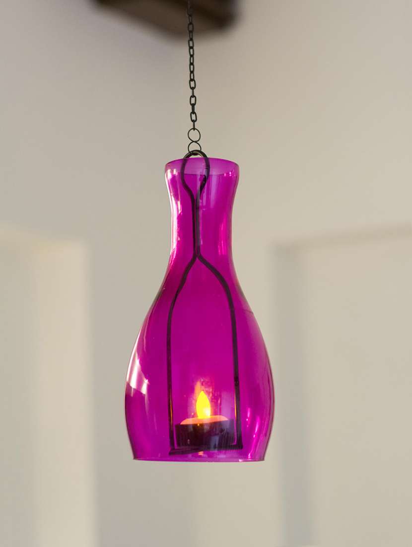 pink glass pendant cum hanging lamp in tangerine pink tealight candle holder