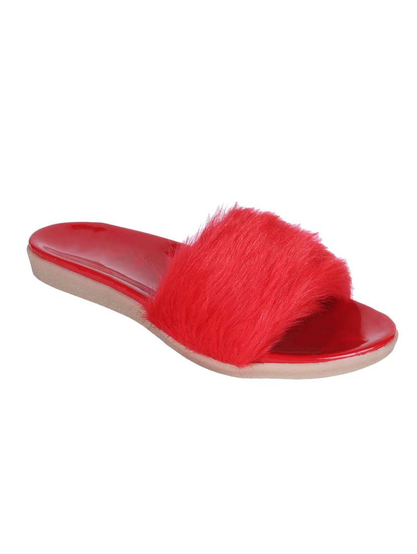 red faux leather slides