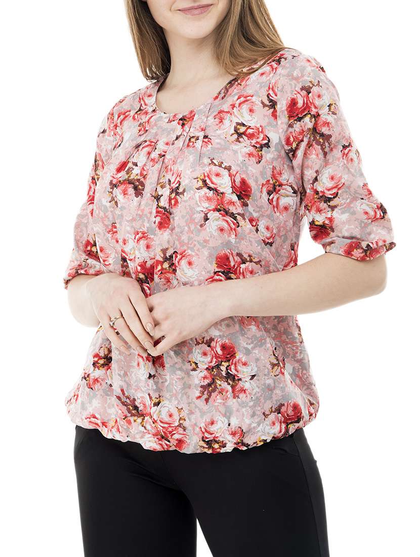 pleated neck floral blouson top