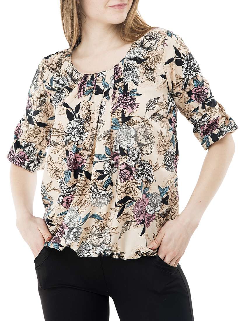 pleated neck floral blouson top
