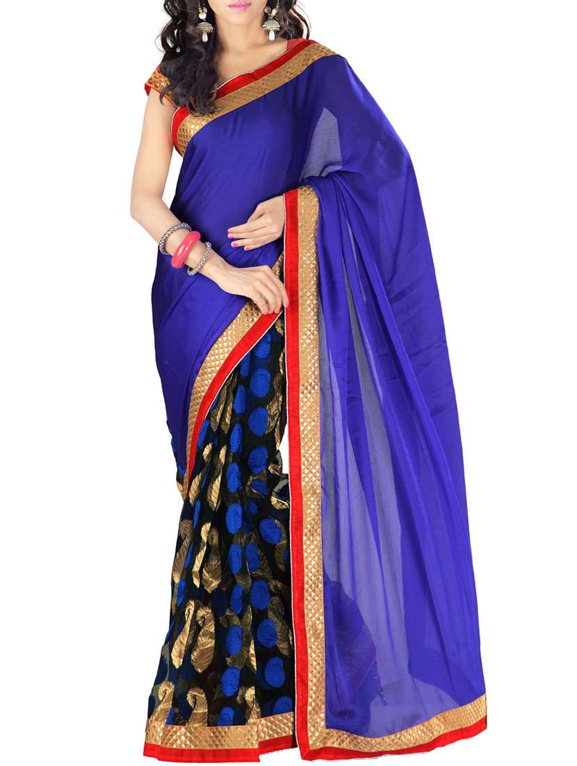 blue silk half and half saree with blouse
