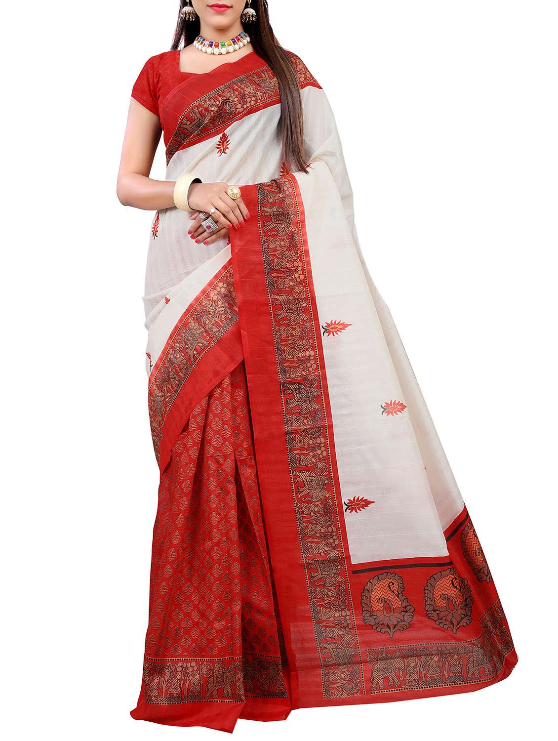 red silk blend bhagalpuri saree with blouse
