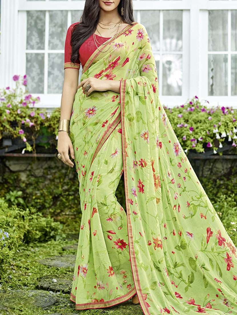 floral print lace detailed saree with blouse