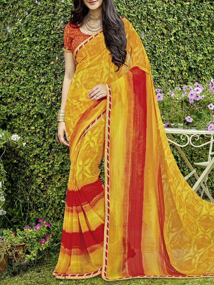 yellow georgette printed saree with blouse