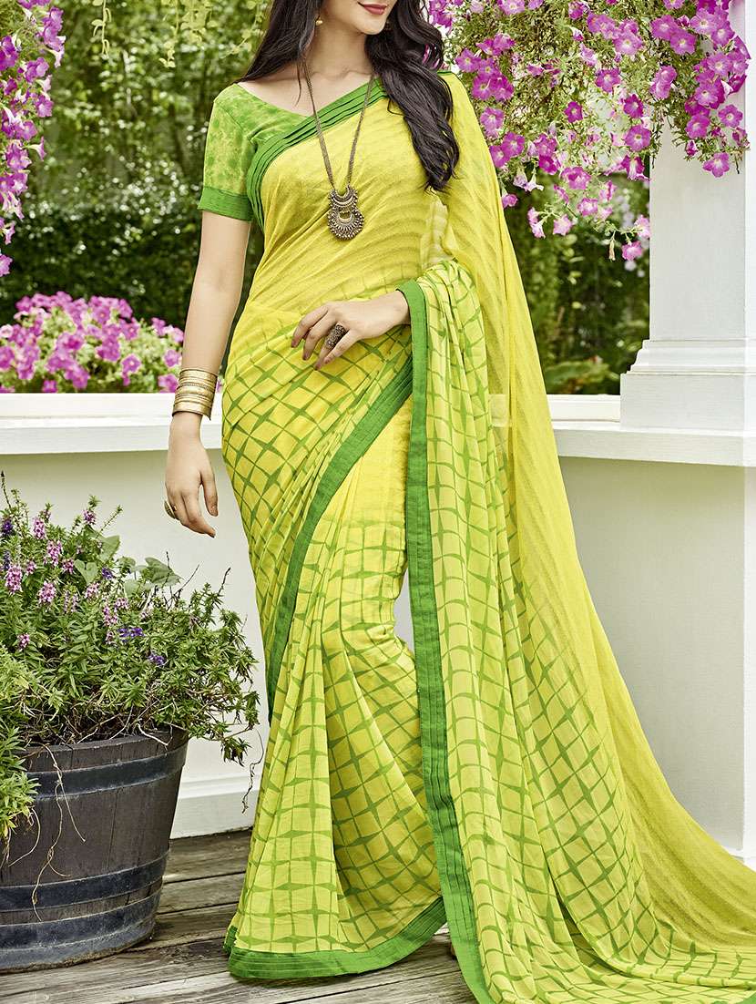 yellow georgette printed saree with blouse