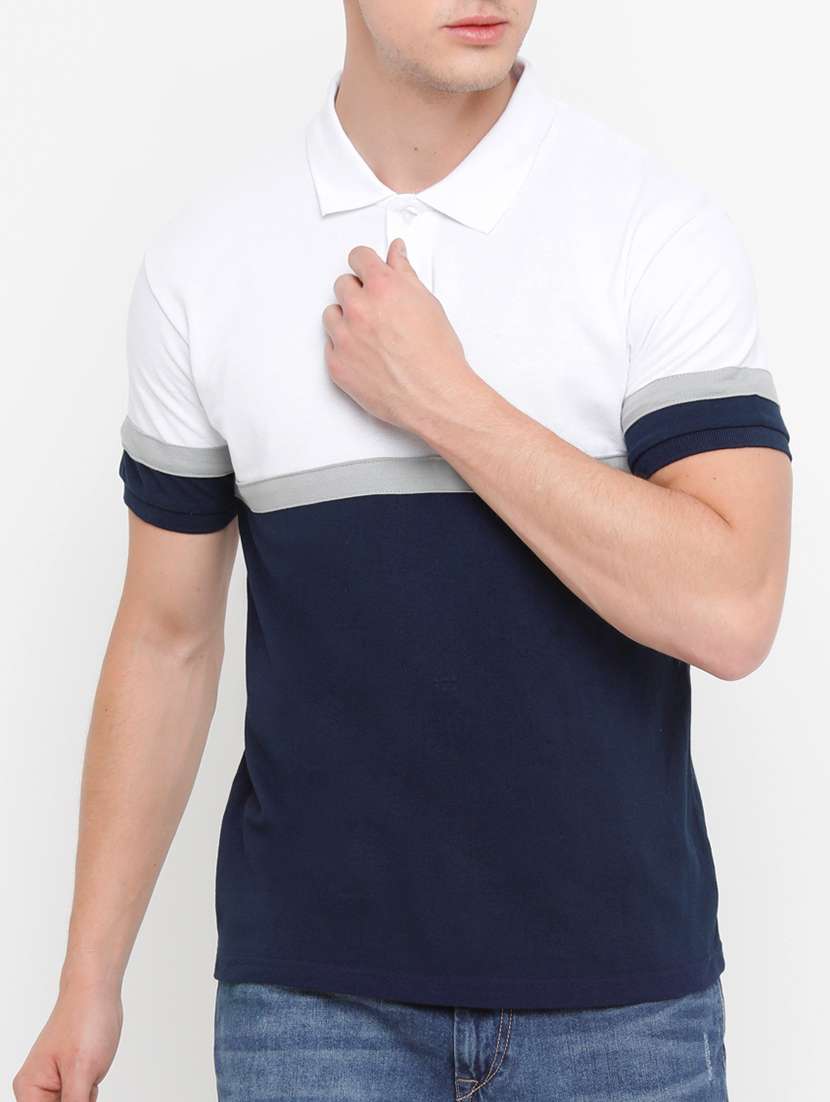 men navy blue color block polo t-shirt