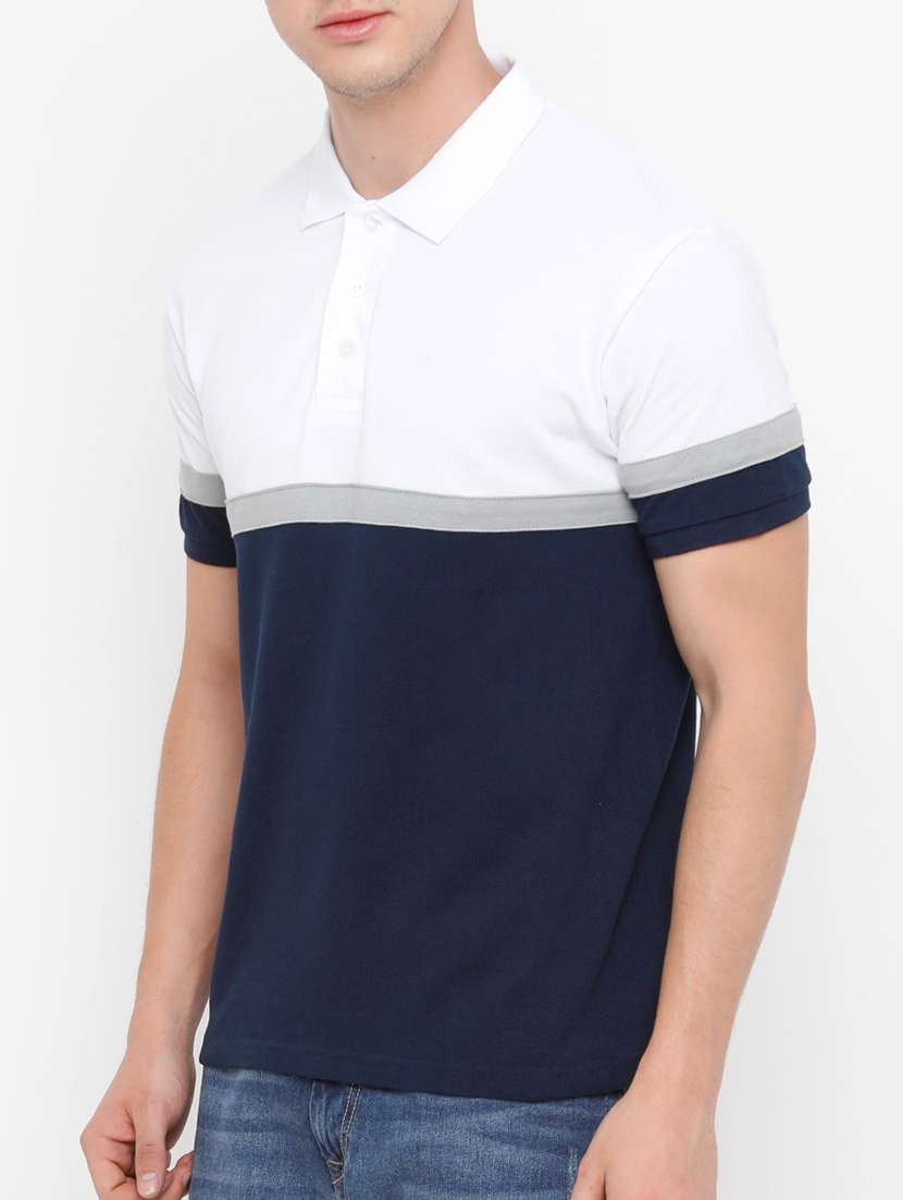 men navy blue color block polo t-shirt - 14882331 - Standard Image - 1