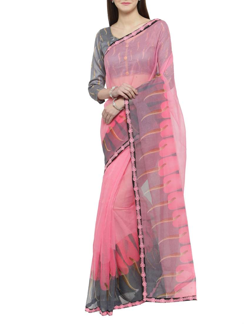 pink cotton printed saree with blouse