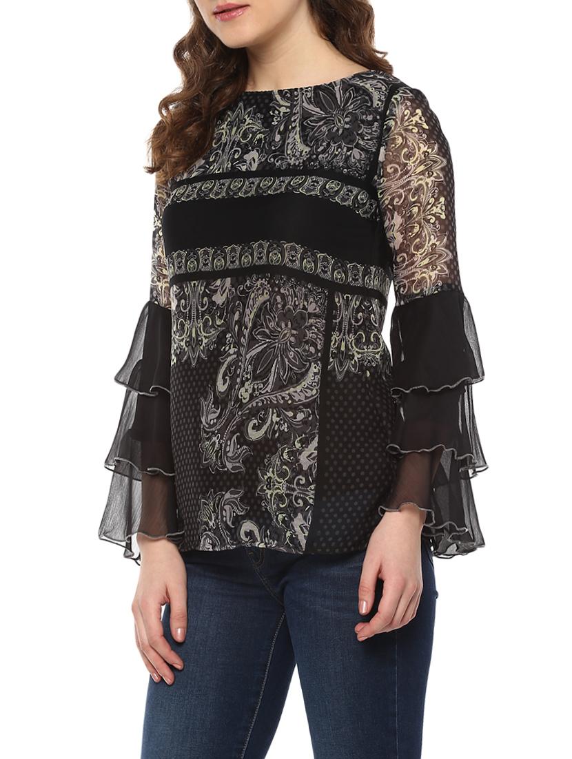 layered lace bell sleeved monochrome top - 14884817 - Standard Image - 1