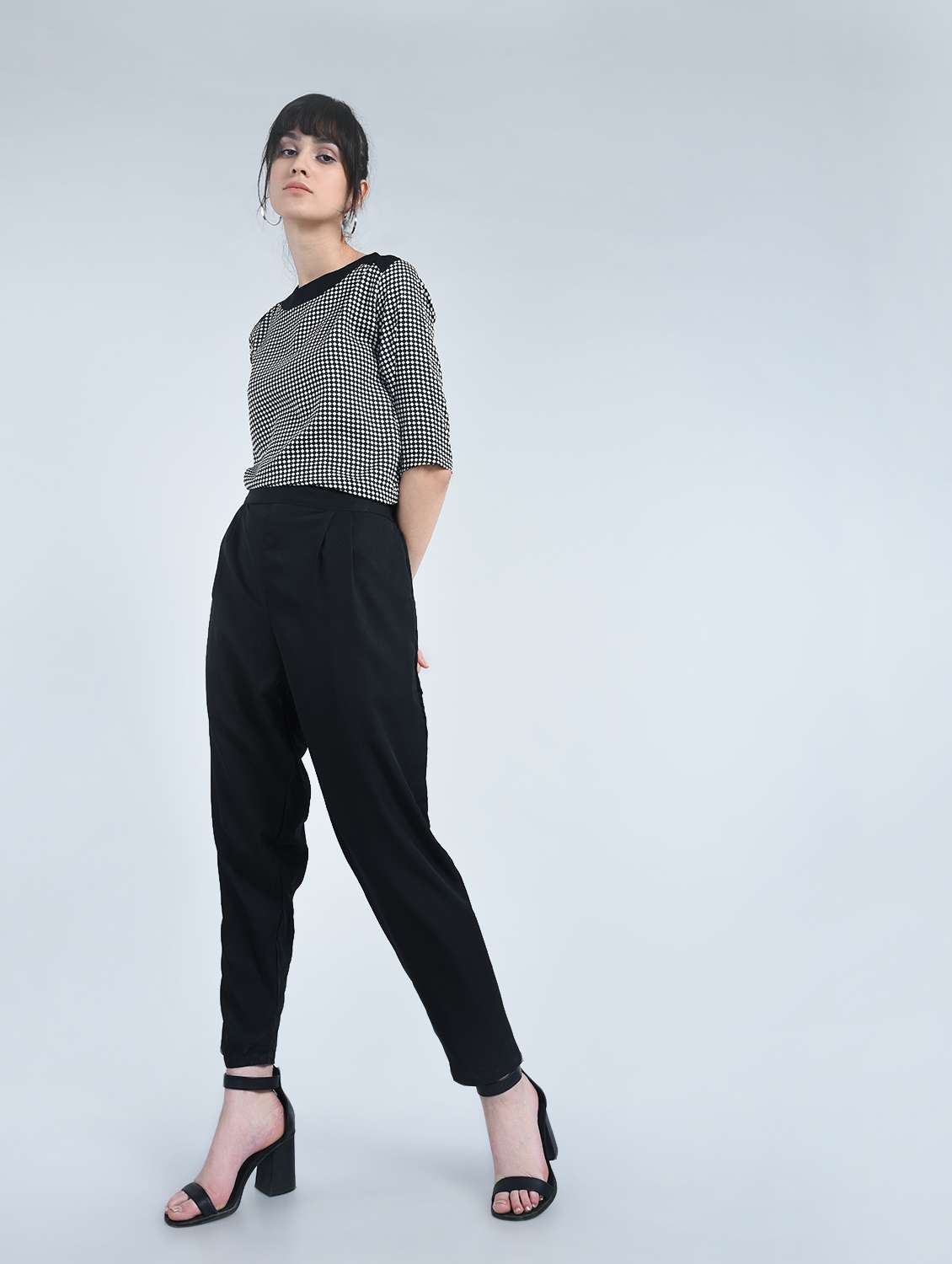 black checkered crepe full leg jumpsuit