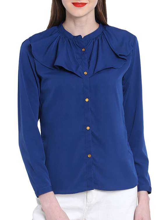 blue crepe ruffled top