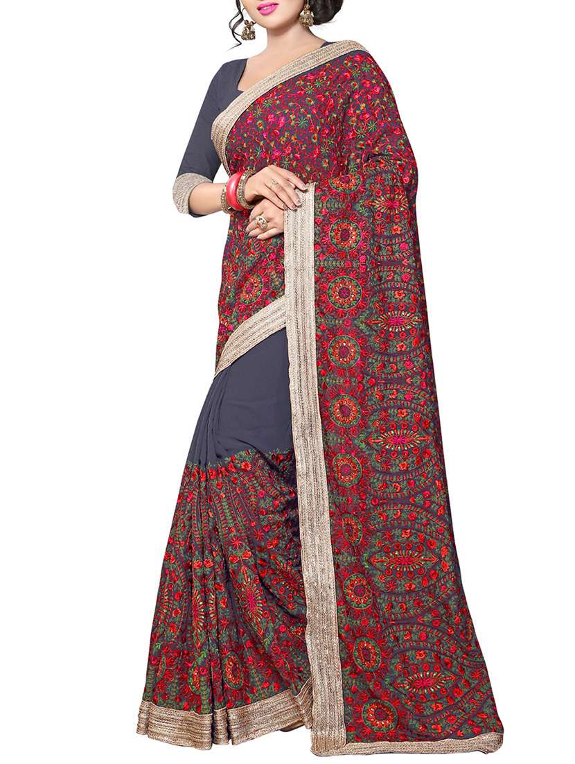 grey georgette embroidered saree with blouse