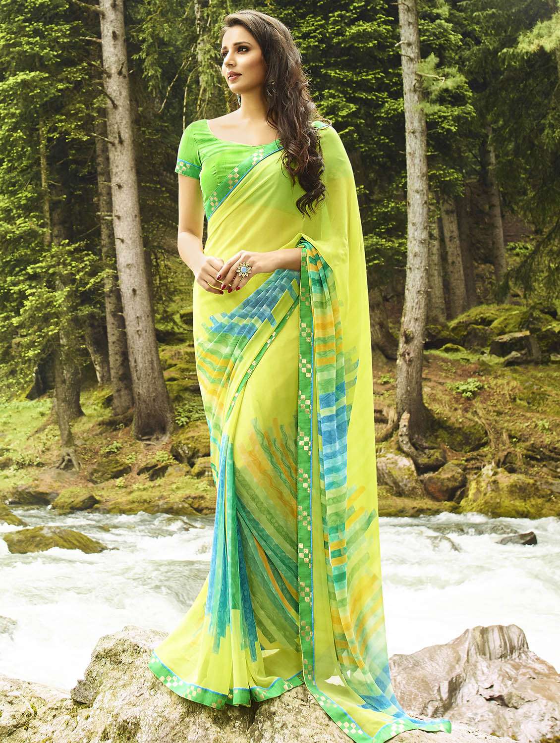 women's printed yellow colored saree with blouse