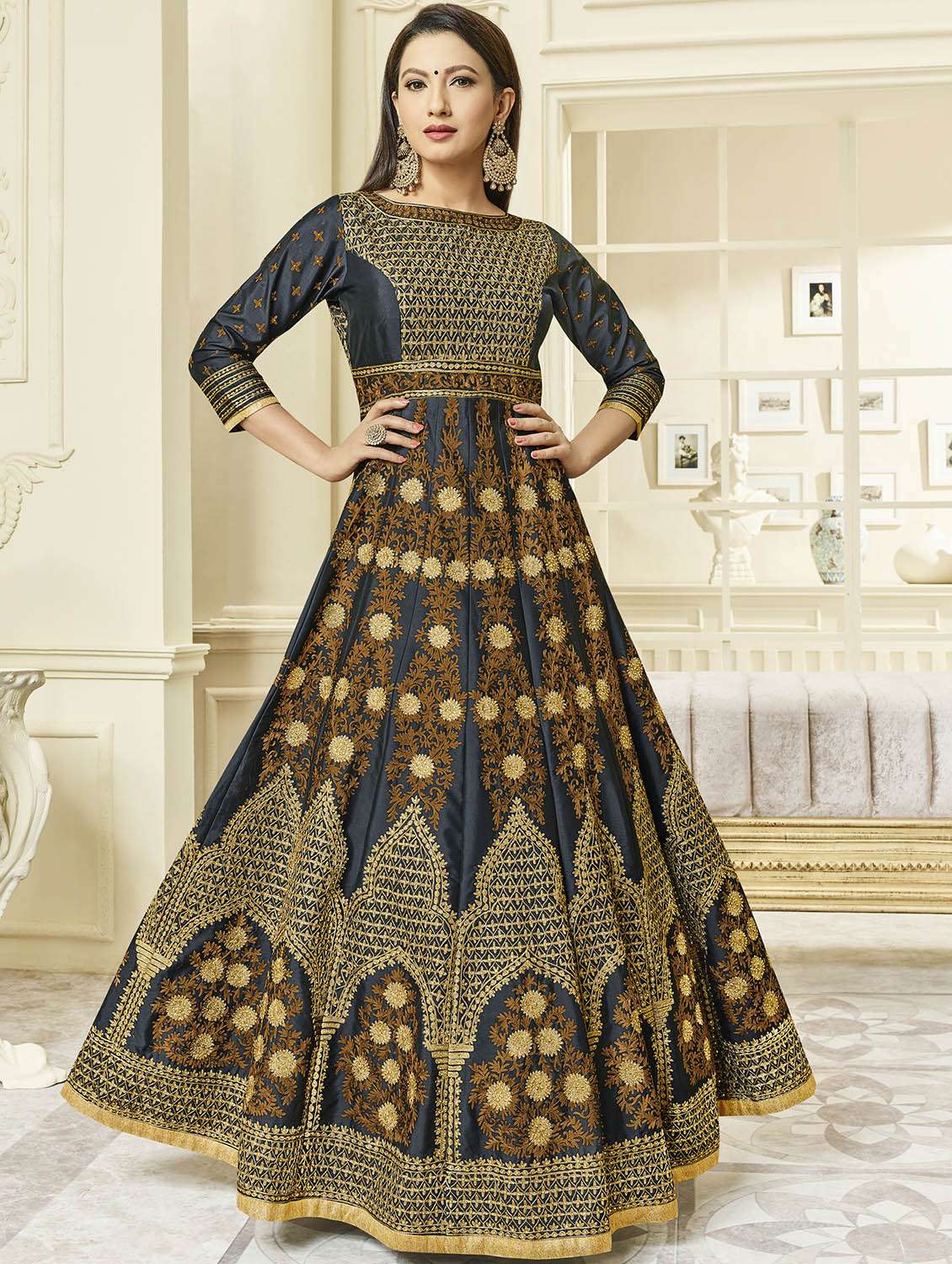 grey embroidered semi-stitched anarkali  suit