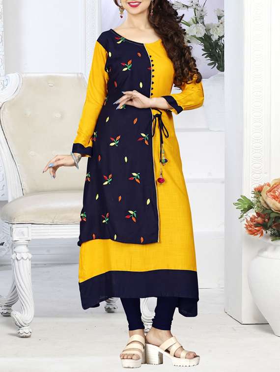 yellow & blue rayon layered kurta