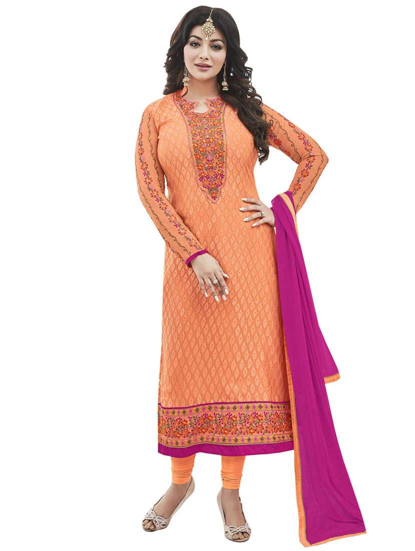 orange embroidered semi-stitched suit