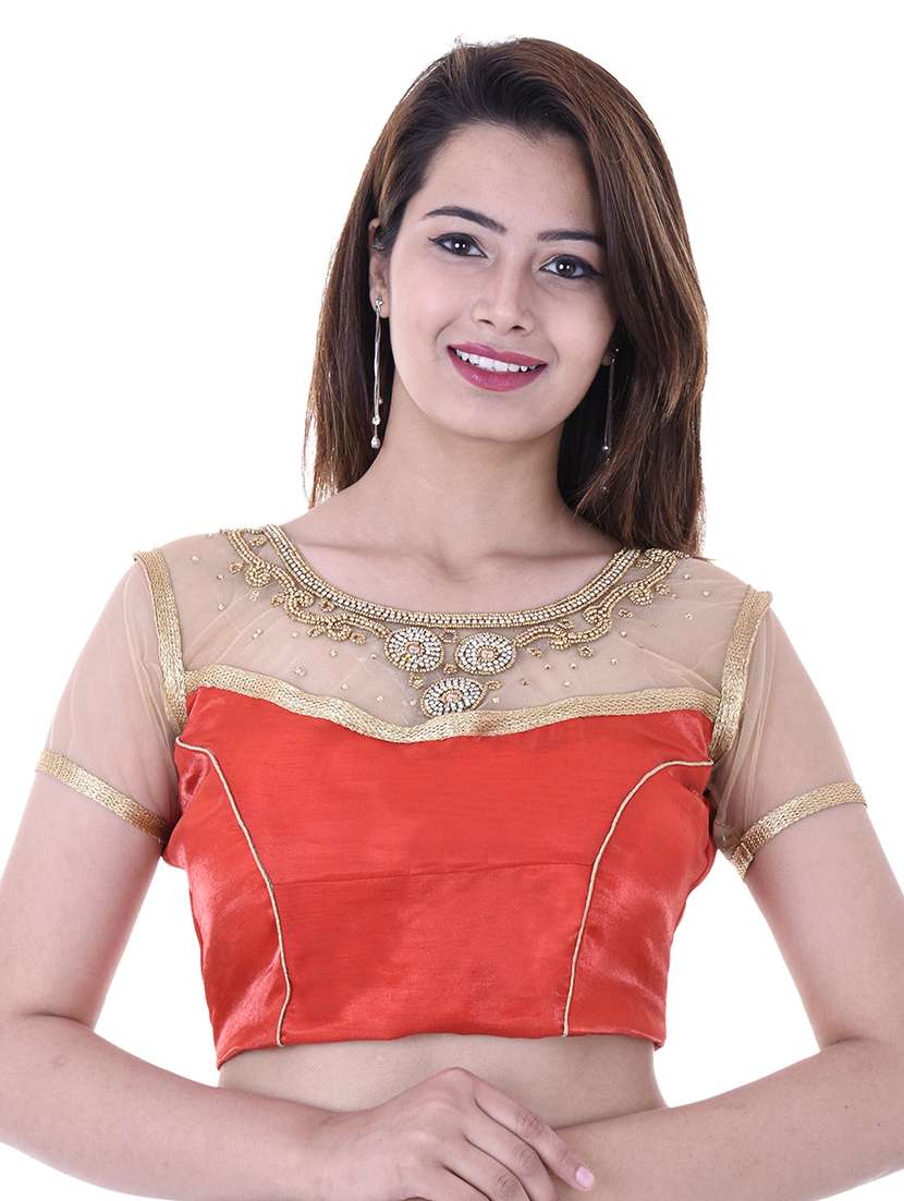 red silk embroidered blouse