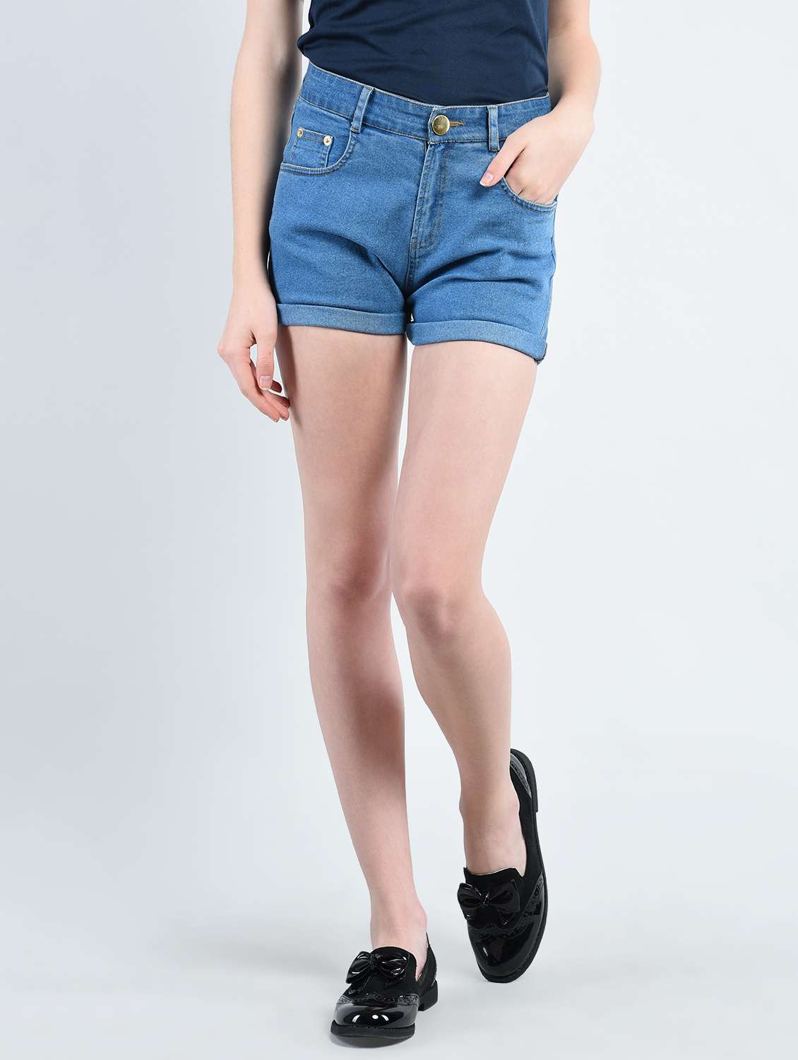 solid blue denim shorts