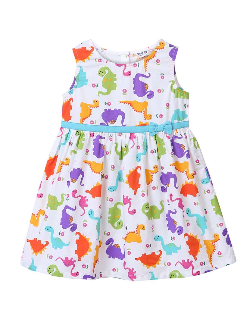 bow patched dinosaur print frock