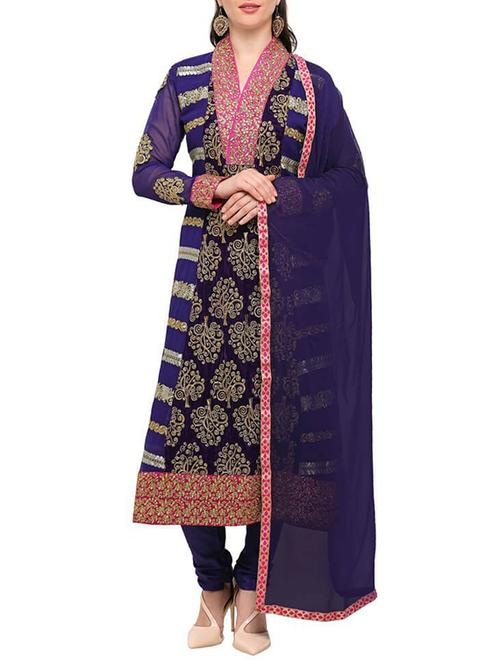 blue embroidered semi-stitched churidaar suit - 14920858 -  Standard Image - 0