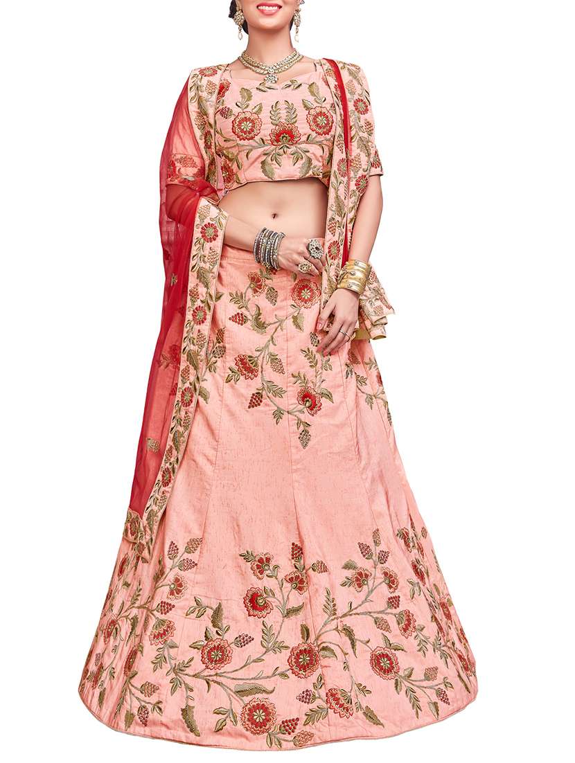 pink silk panelled lehenga