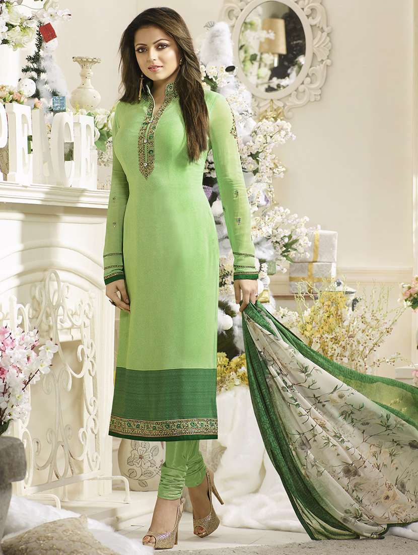 green crepe semistitched suit