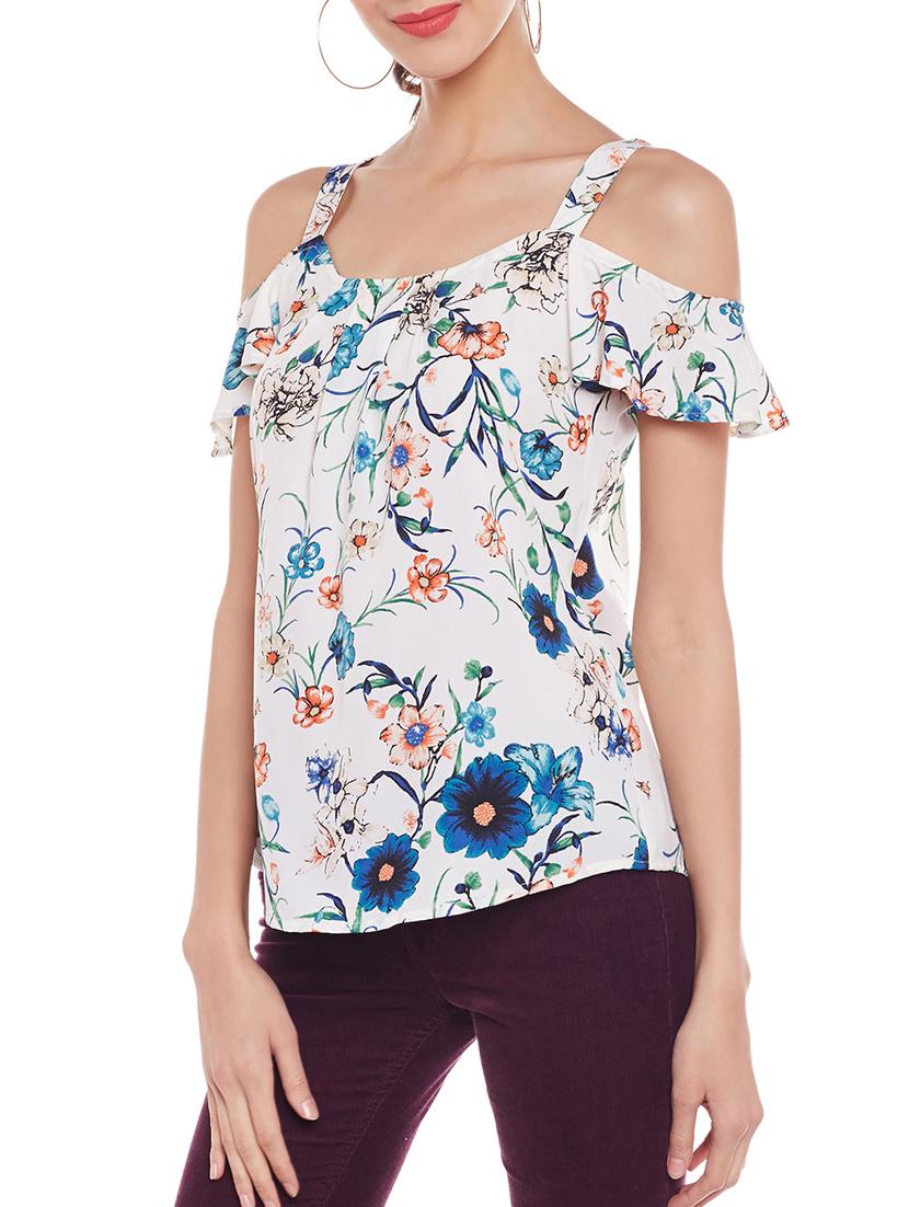 white printed cold shoulder top - 14929432 - Standard Image - 1