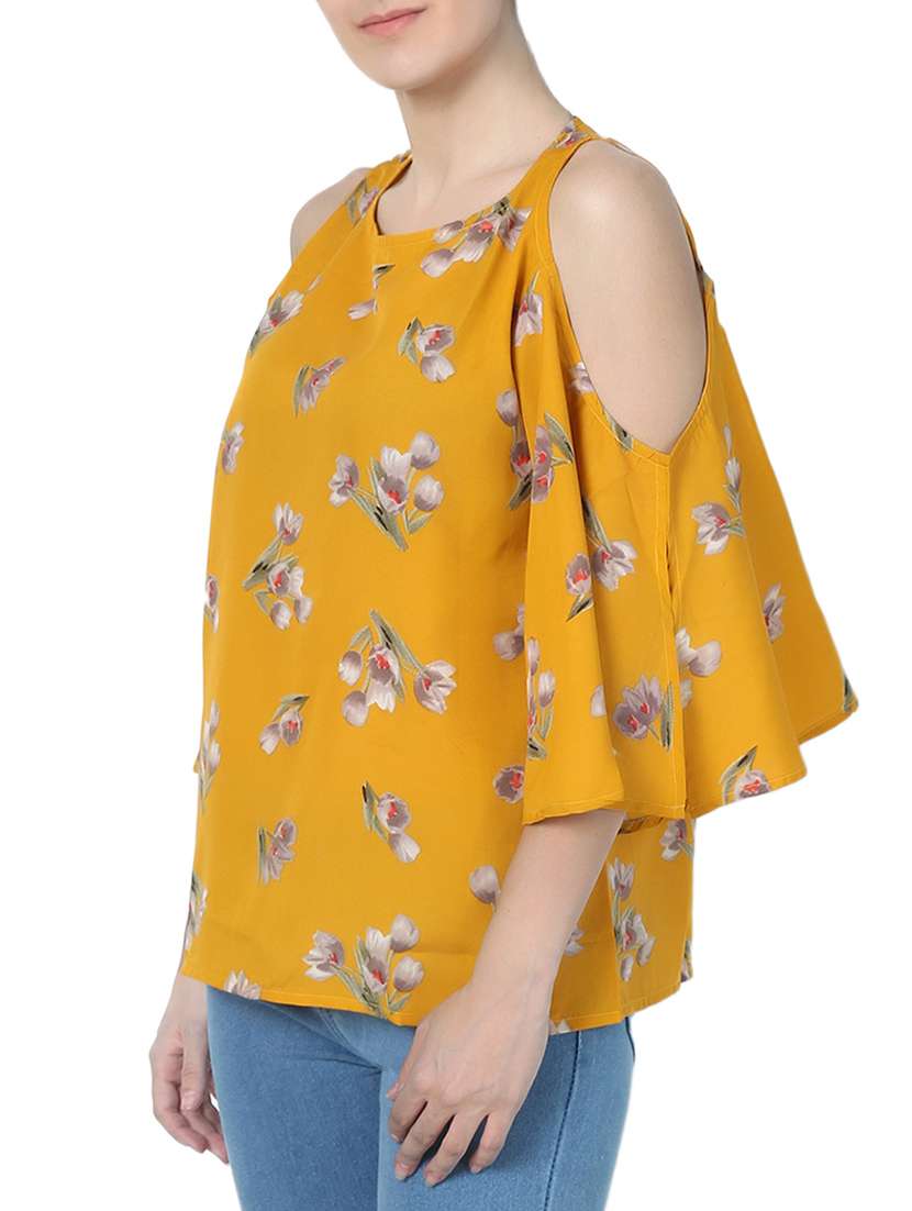 yellow printed cold shoulder top - 14934454 -  Standard Image - 1