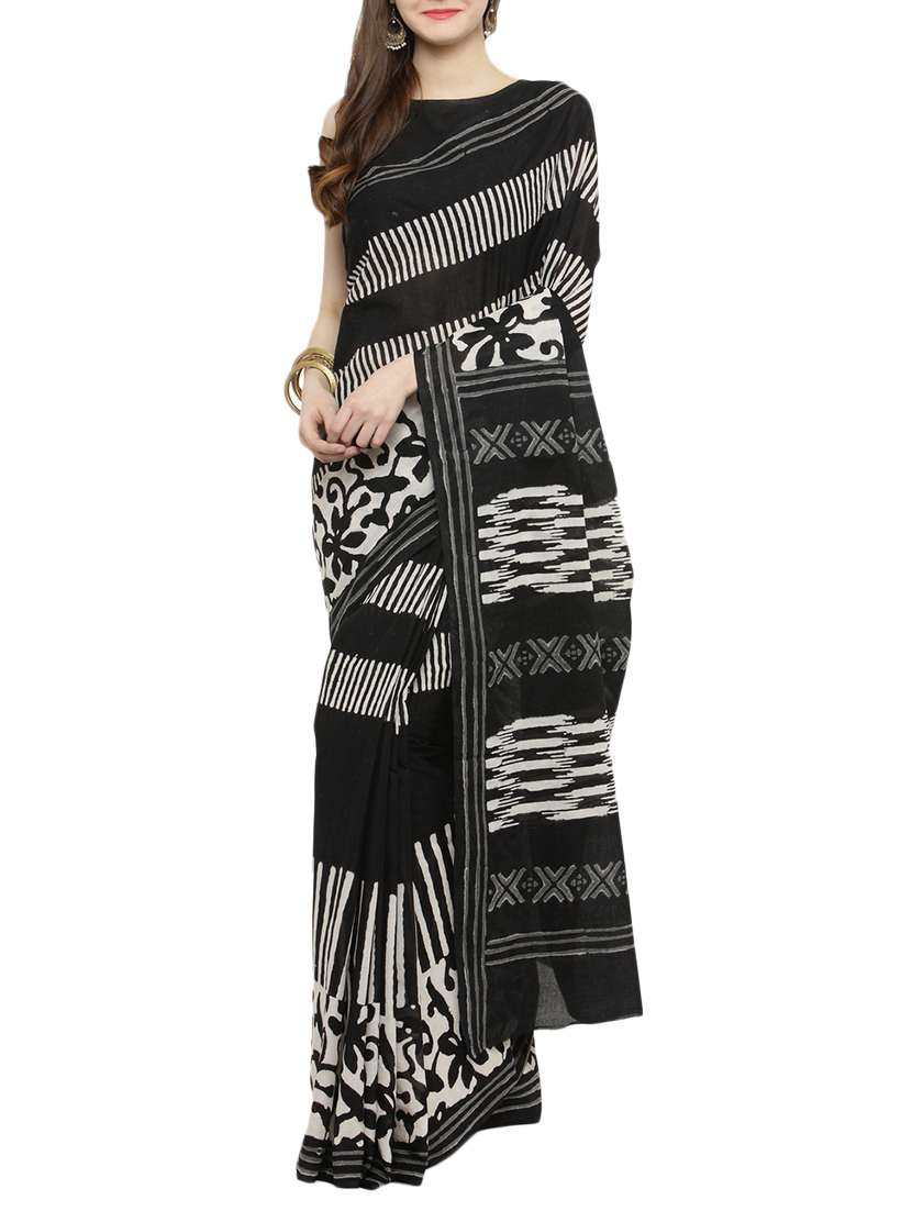 women's block print black colored saree with blouse