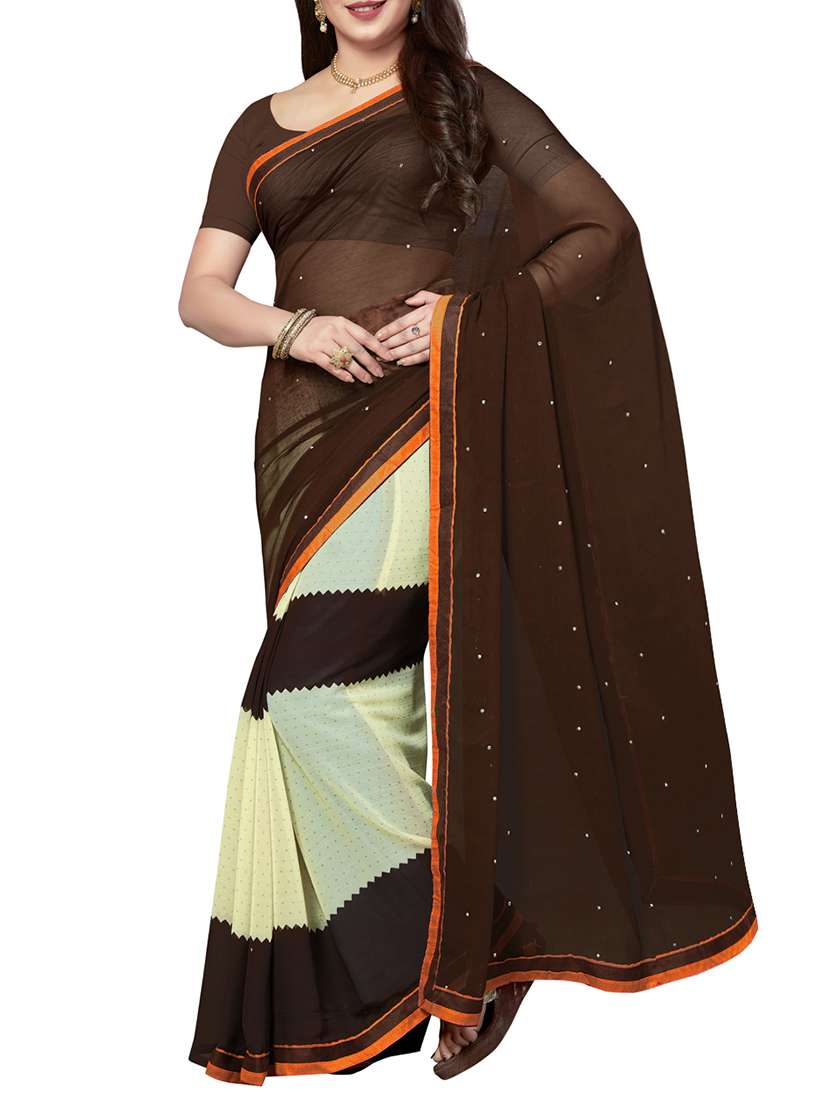 brown chiffon half & half saree with blouse