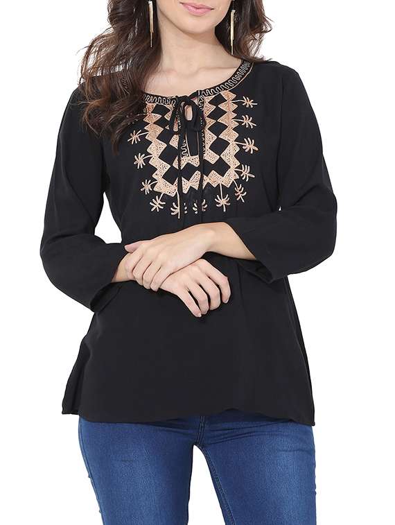tie up neck embroidered top