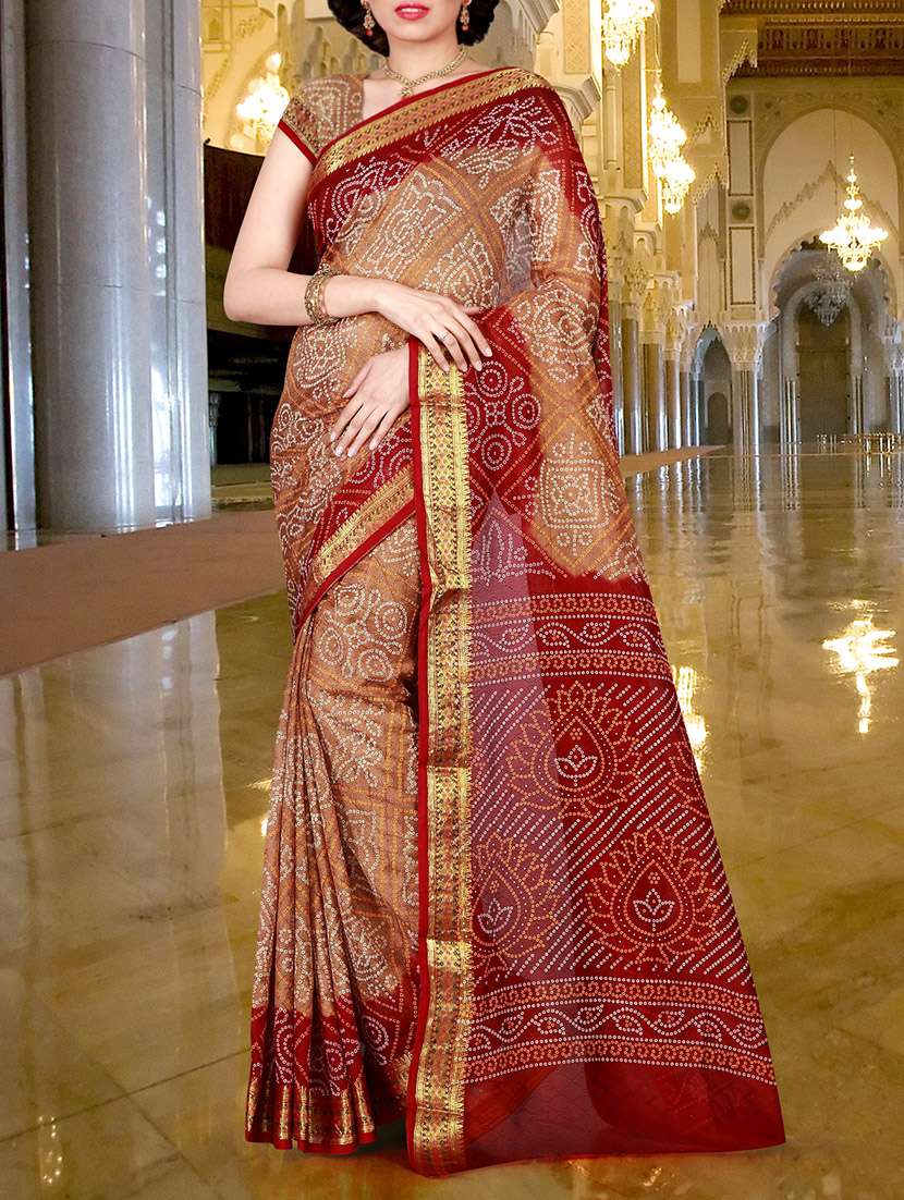 beige art silk bandhani saree with blouse