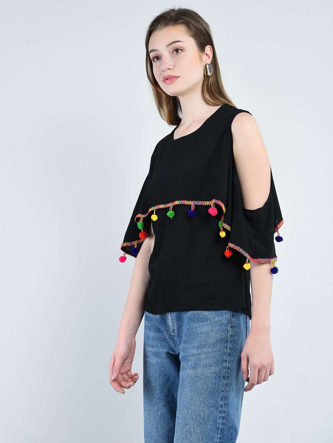 pom pom detail cold shoulder top - 14947074 -  Standard Image - 1