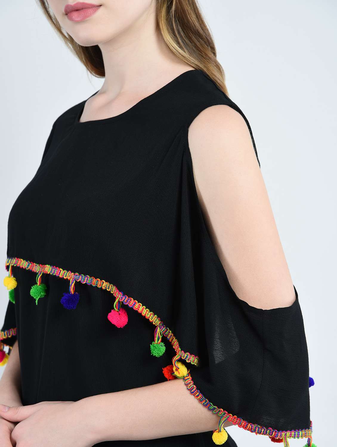 pom pom detail cold shoulder top - 14947074 -  Standard Image - 4