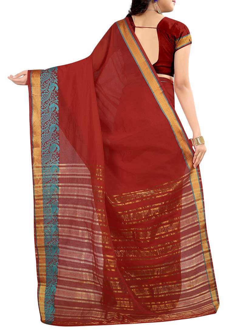 red cotton silk chanderi saree with blouse - 14949994 -  Standard Image - 1