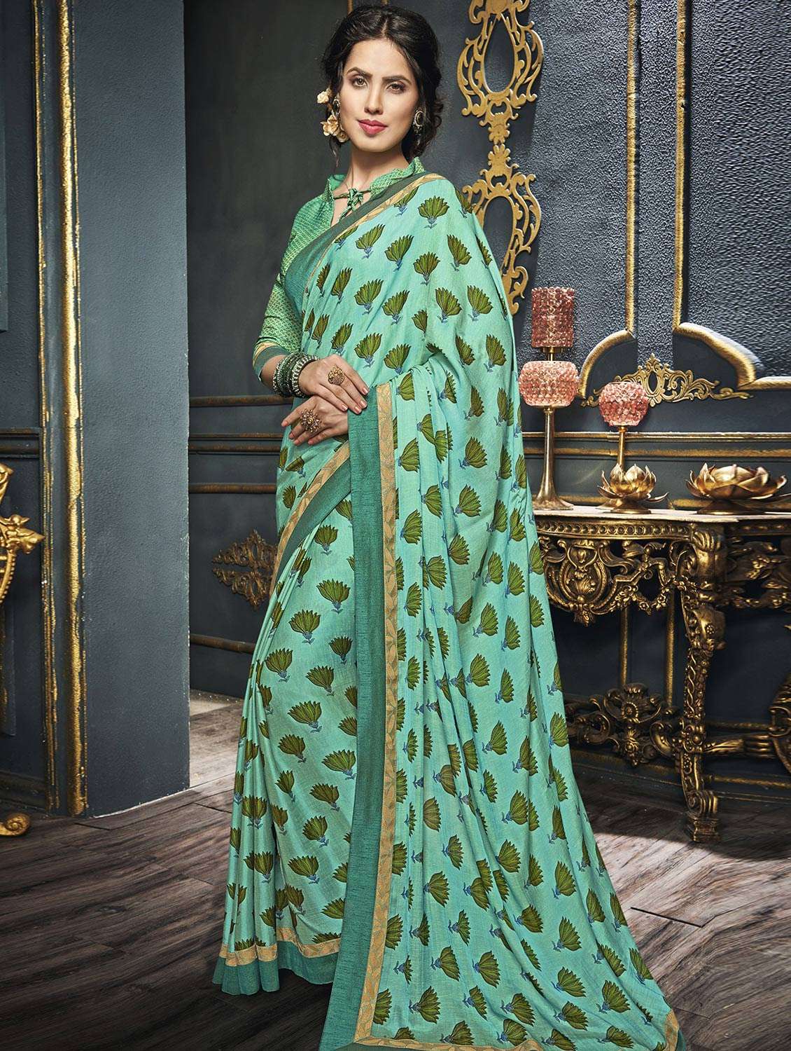 green printed saree