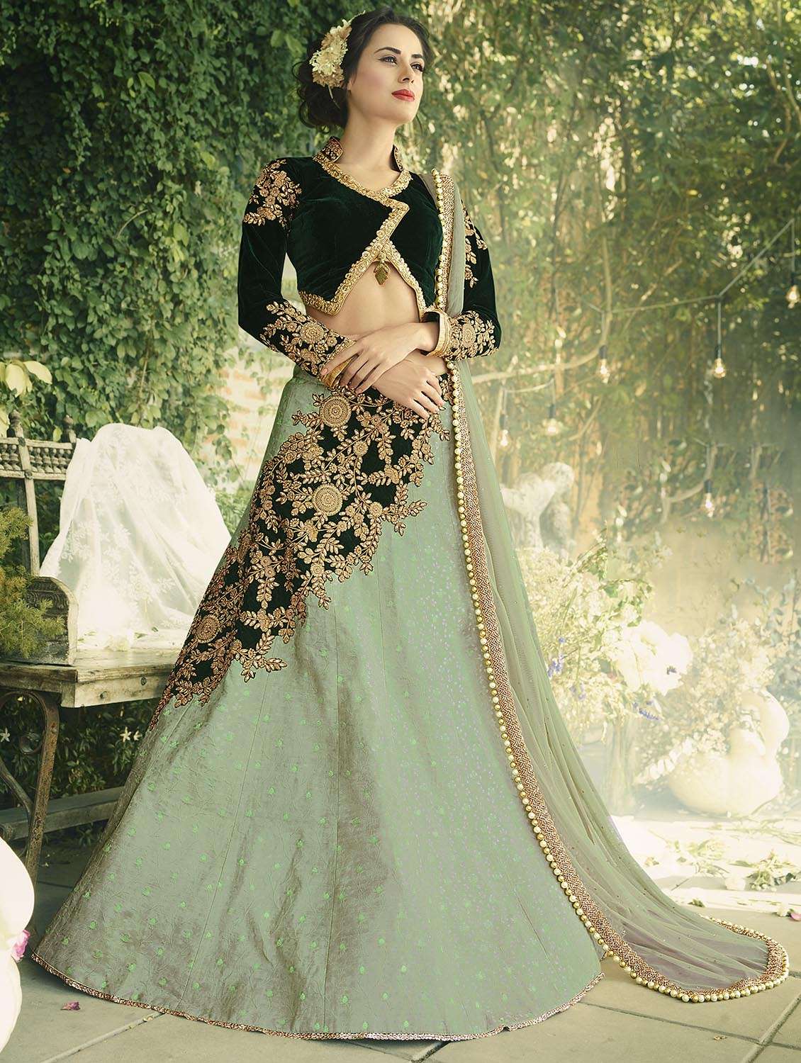 green velvet flared lehenga