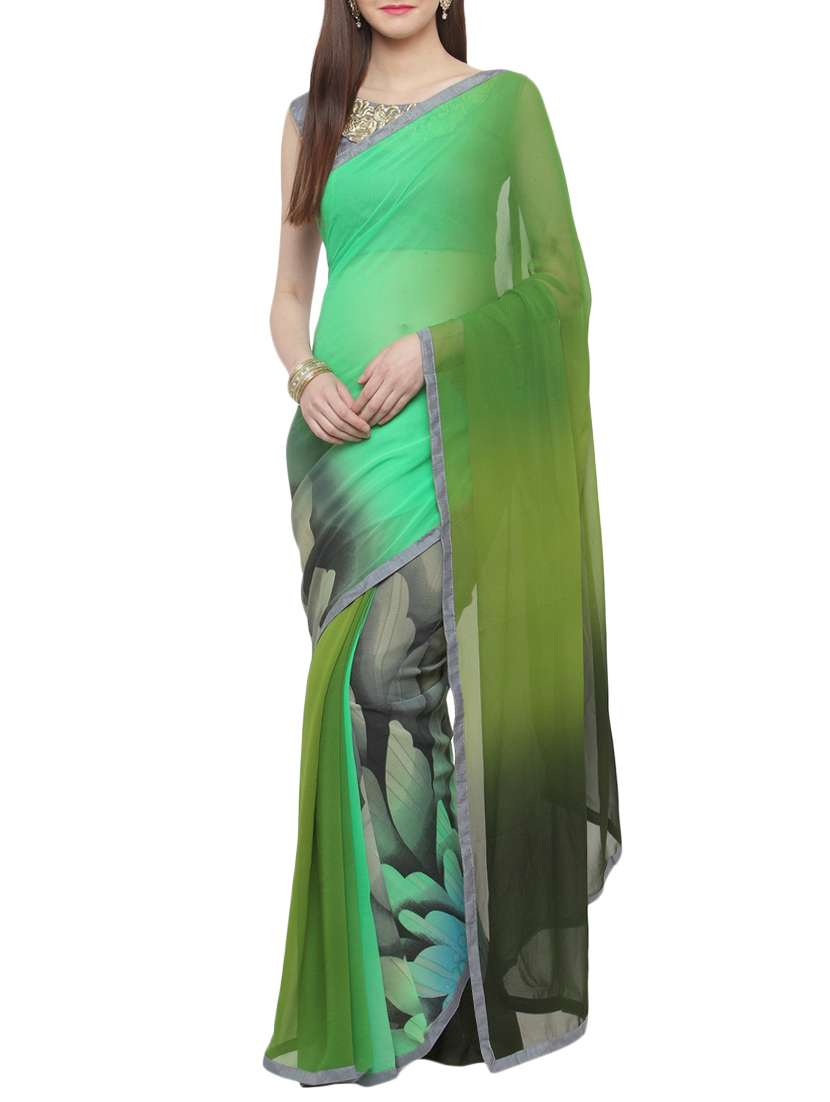 green georgette printed saree with blouse