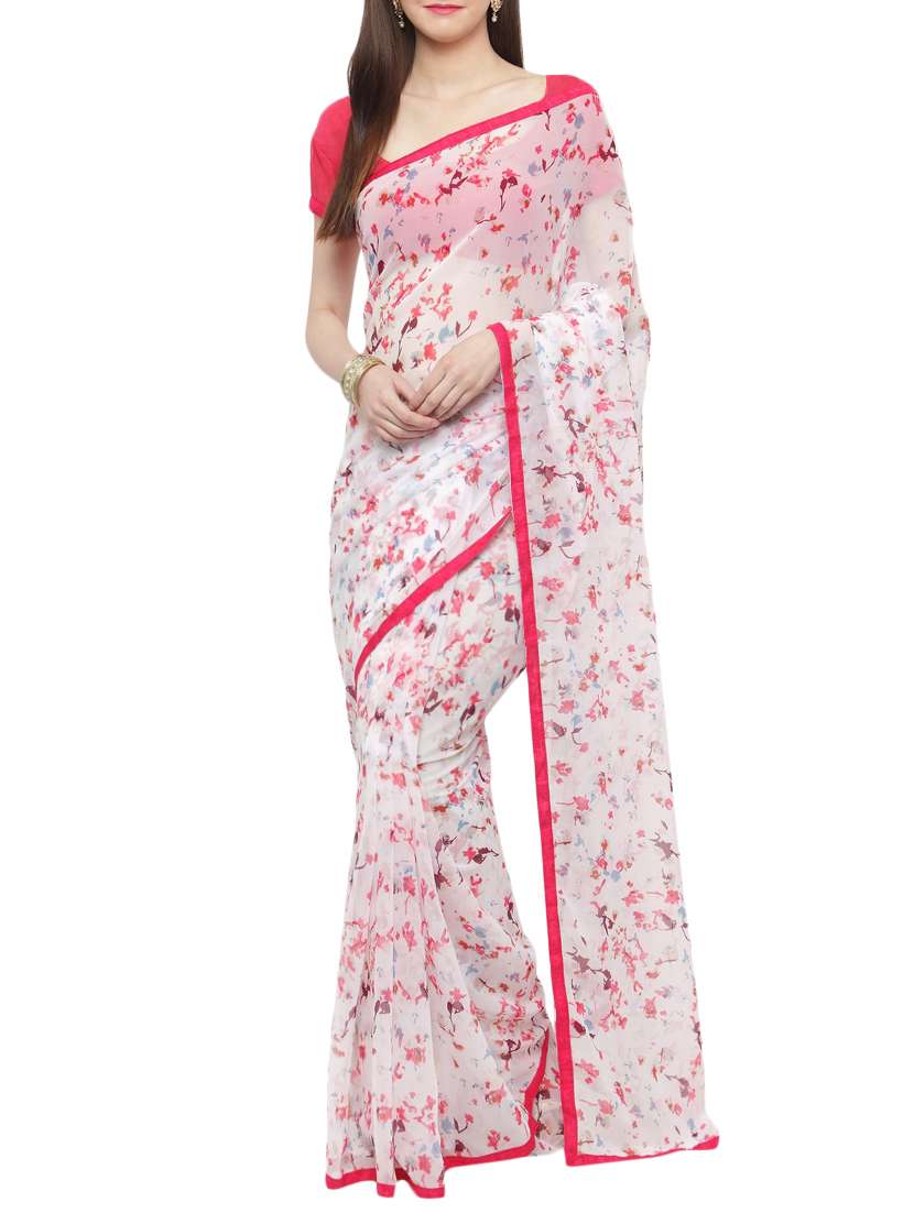 women's floral white colored saree with blouse
