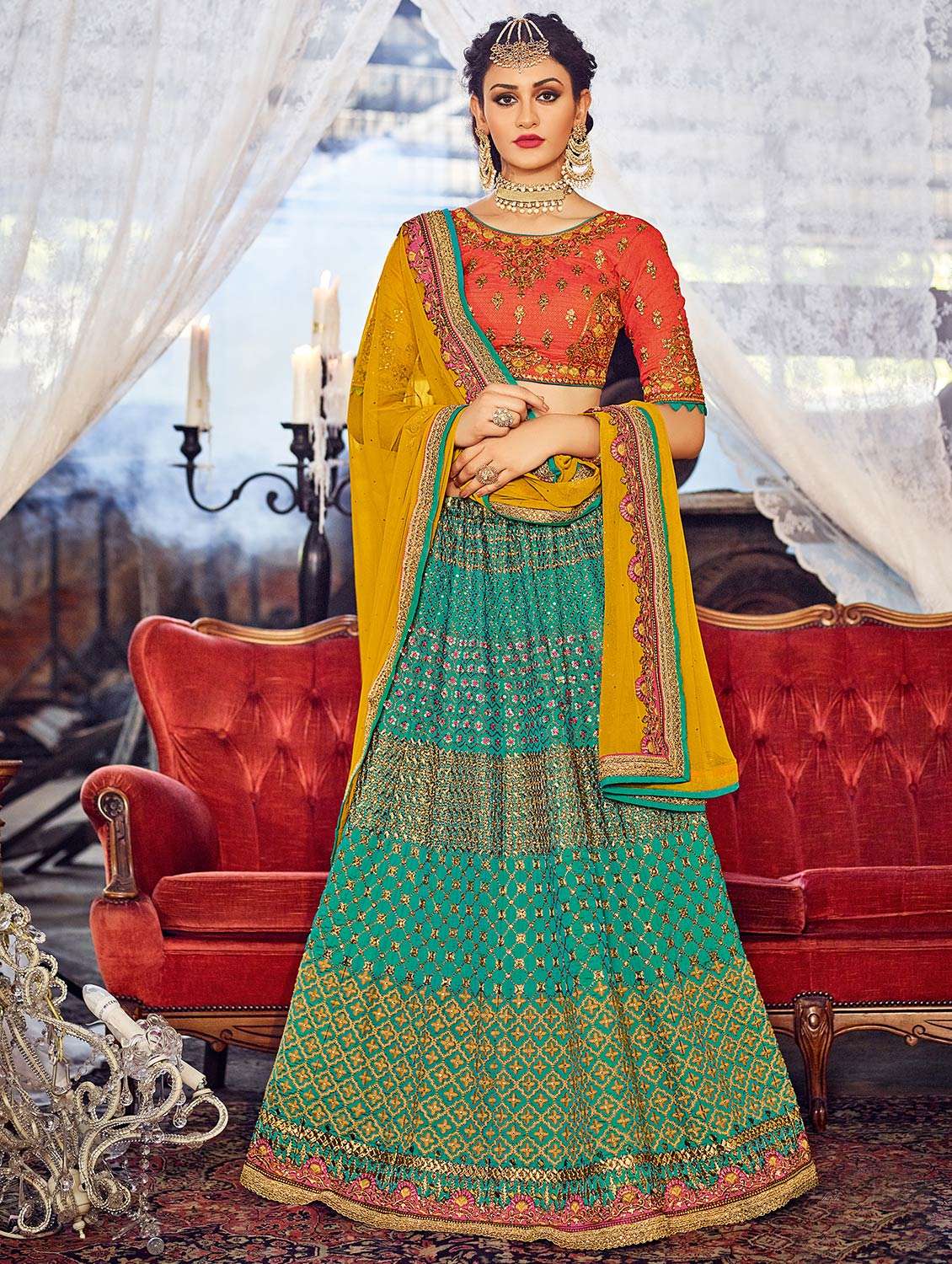 green silk semi-stitched flared lehenga