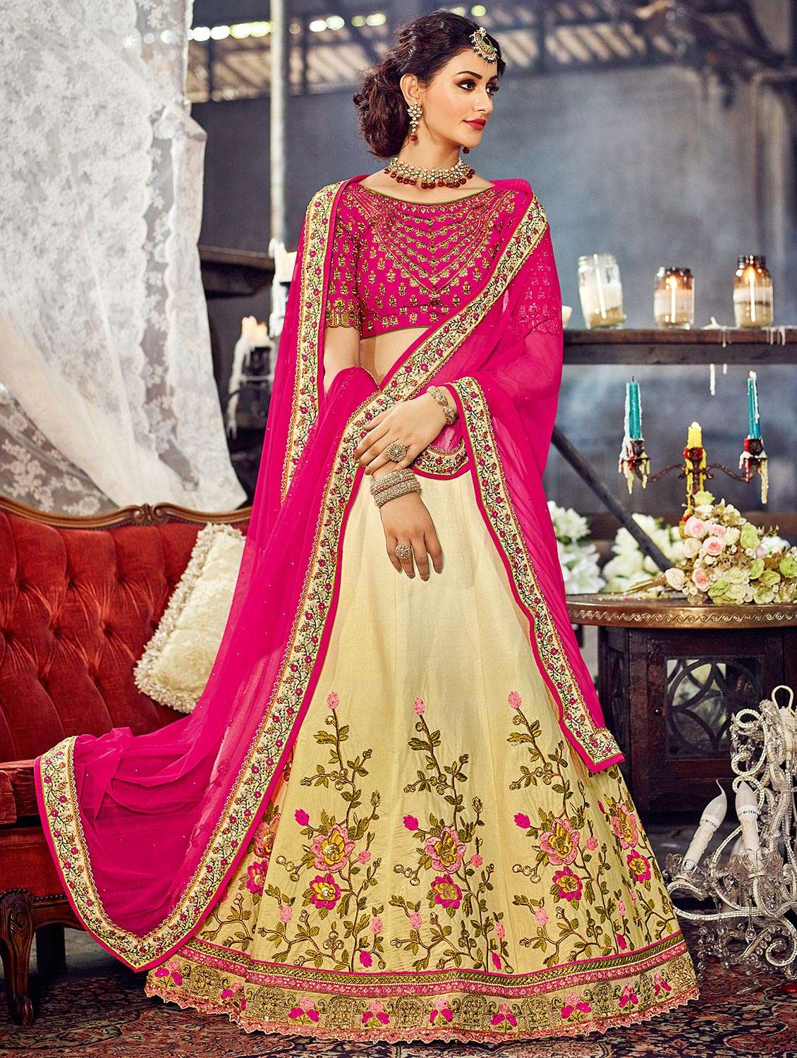 beige chanderi semi-stitched flared lehenga