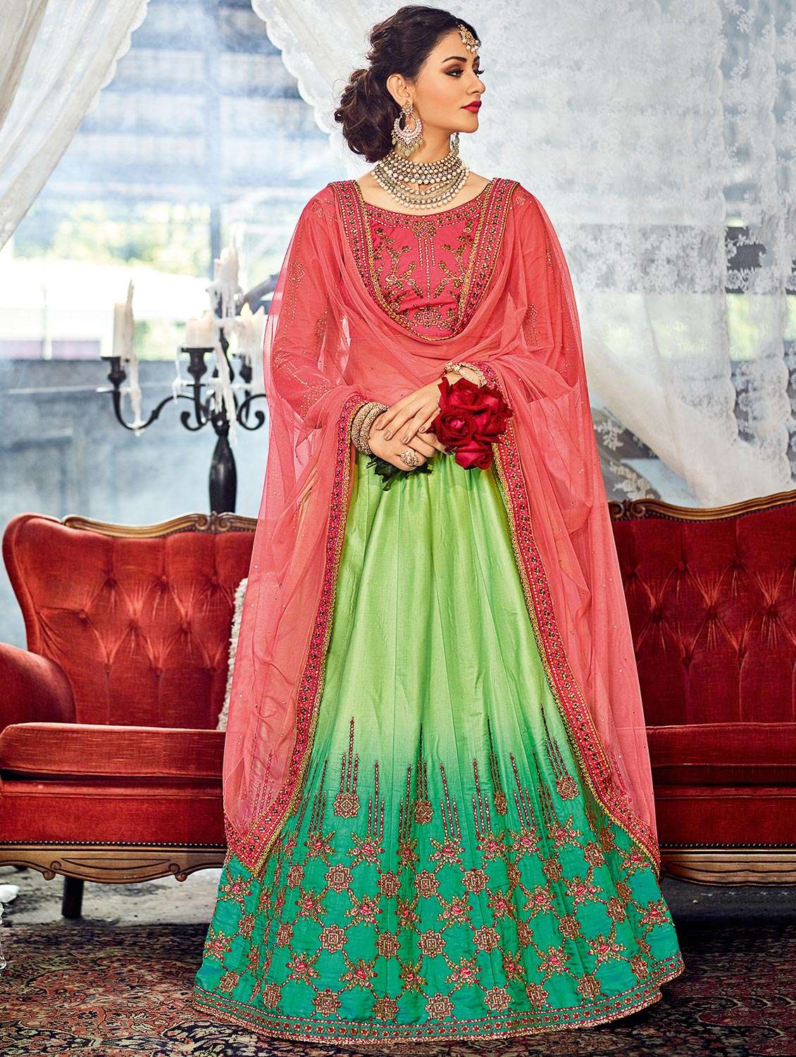 green satin semi-stitched flared lehenga