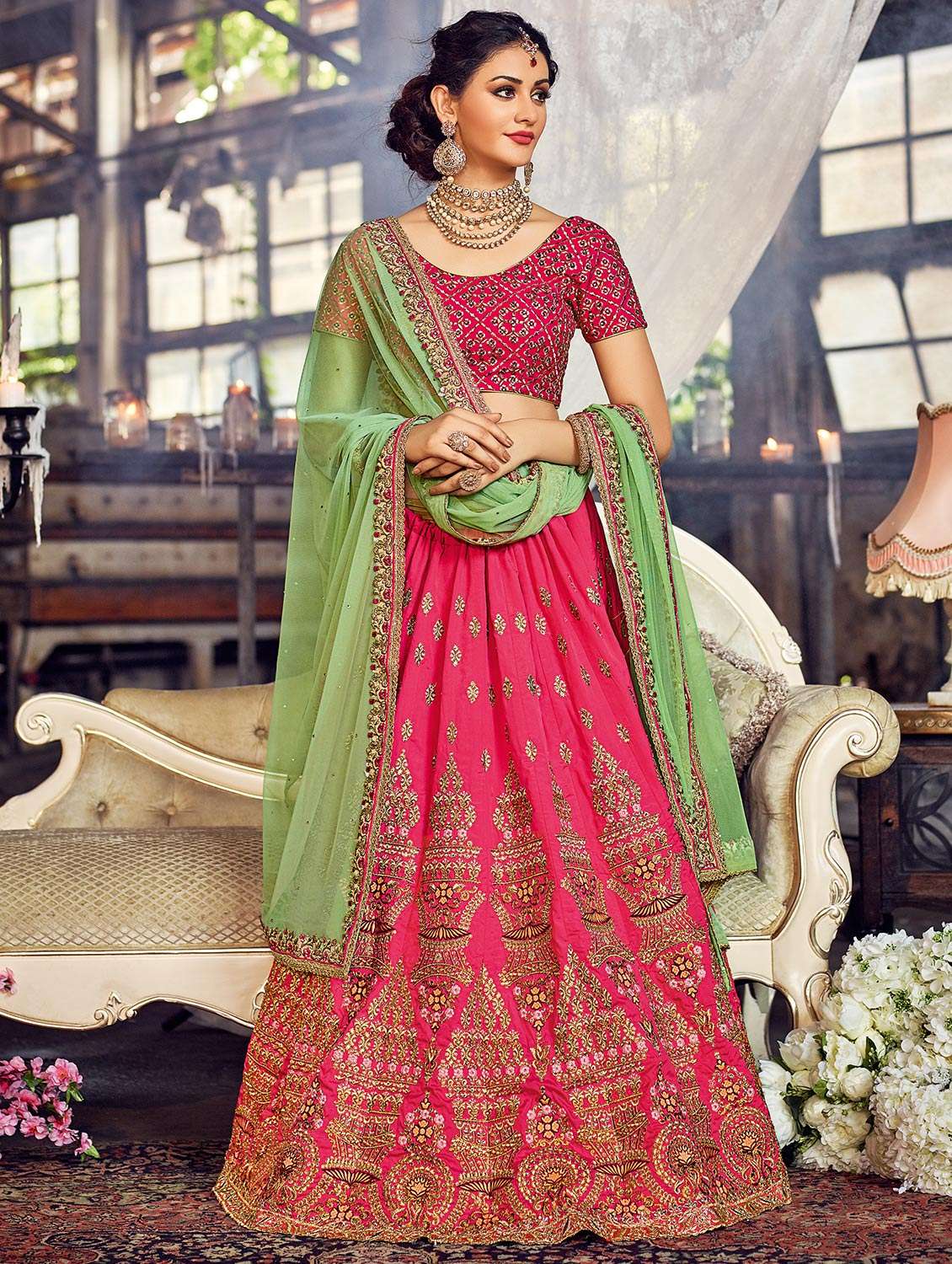 pink silk semi-stitched flared lehenga