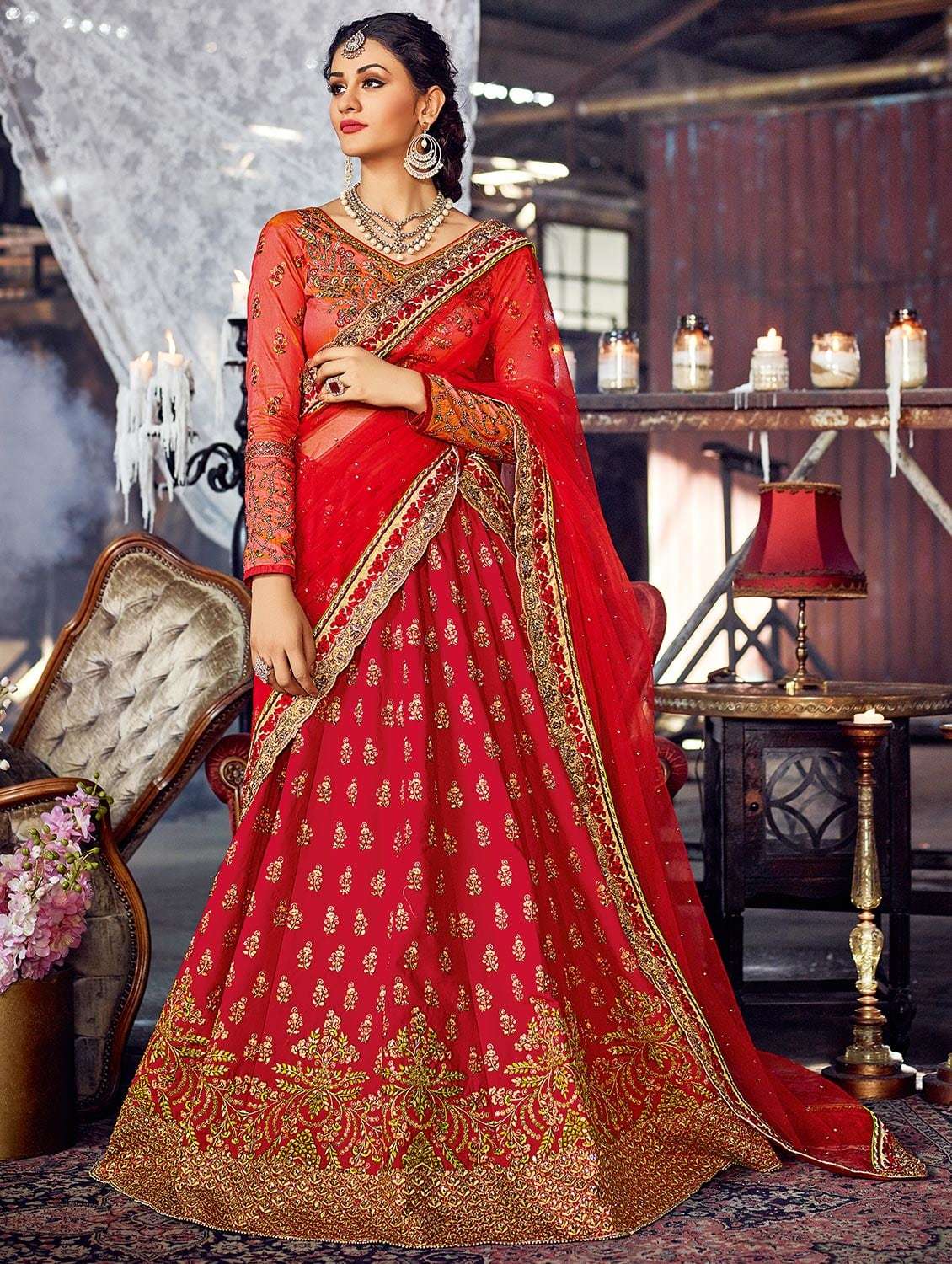 red silk semi-stitched flared lehenga
