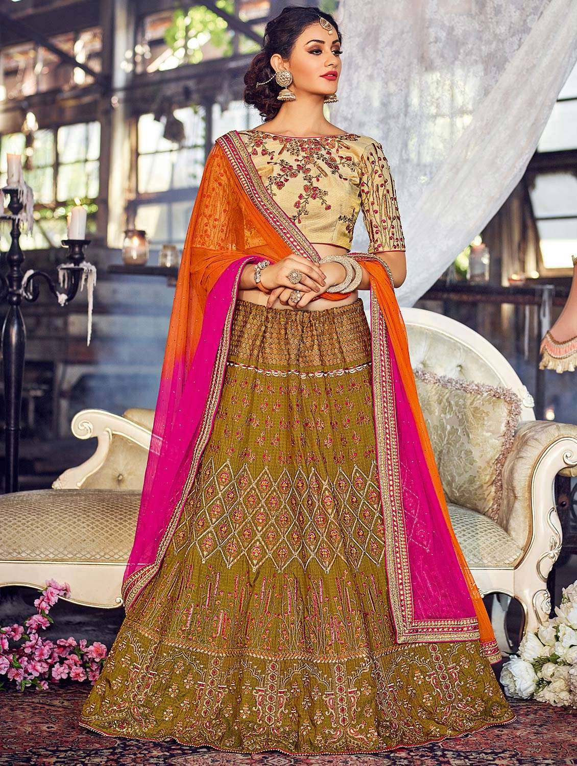 brown silk semi-stitched flared lehenga